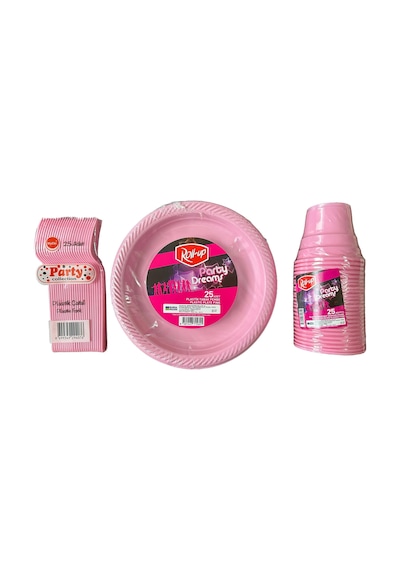 Piknik Davet Doğum Günü Omeyva Sofra Seti - 25 Kişilik Pembe Tabak Bardak Çatal Takımı Pembe