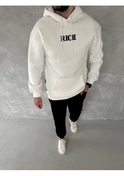 Efnaz Style Uzun Kol Kapşonlu Göğüs Baskılı Sweatshirt - Beyaz