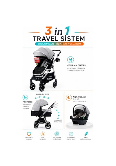 Yoyko Luxury İ-size Travel Sistem Bebek Arabası 3 İn 1 Gri Silver