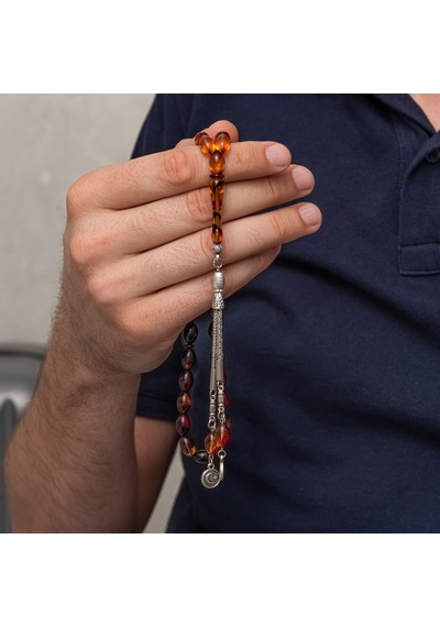 Metal Püsküllü Bordo Amber Sıkma Kehribar Tesbih