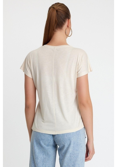 Kadın Bambu Kumaş Bisiklet Yaka T-shirt Bej