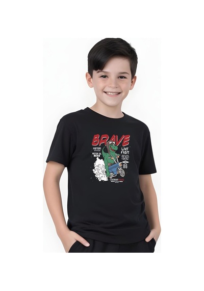 Panios Kids Brave Baskılı Erkek Çocuk Kısa Kollu Tişört Siyah