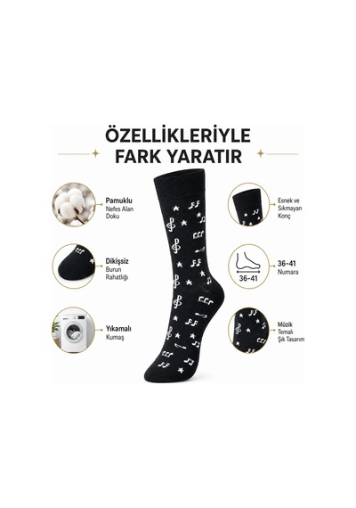 DS Wak Müzik Notalı Kadın Soket Çorap 36-40 Pamuklu Dikişsiz Burun Siyah Beyaz Uzun Konç