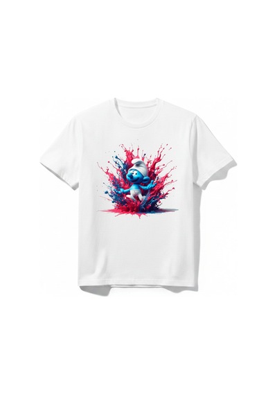 Urbantrendstore Şirinleer Renki Canlı Baskılı Unisex Kız Çocuk Erkek Çocuk Bisiklet Yuvarlak Yaka Basic Kısa Kollu %100 Pamuk Tişört Beyaz