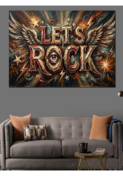 Kanatlı Let's Rock Müzik Yazısı Dekoratif Kanvas - Mdf Ahşap Tablo