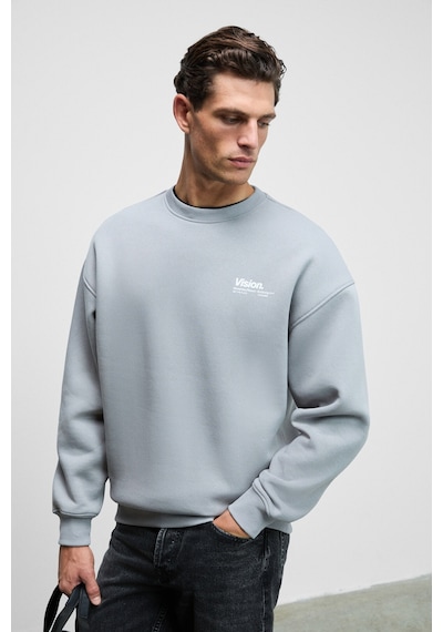 Grimelange Ernest Erkek Organik Pamuklu Yumuşacık Baskı Detaylı Bisiklet Yaka İçi Polarlı Açık Gri Sweatshirt