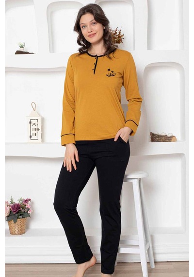 Alimer Kadın Hardal Bisiklet Yaka Uzun Kol Pijama Takım Edy2775h Hardal