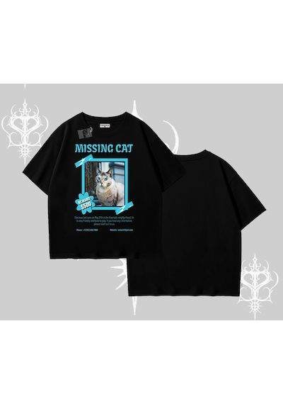 Tarzsokak Missing Cat Baskılı Oversize Tshirt Siyah