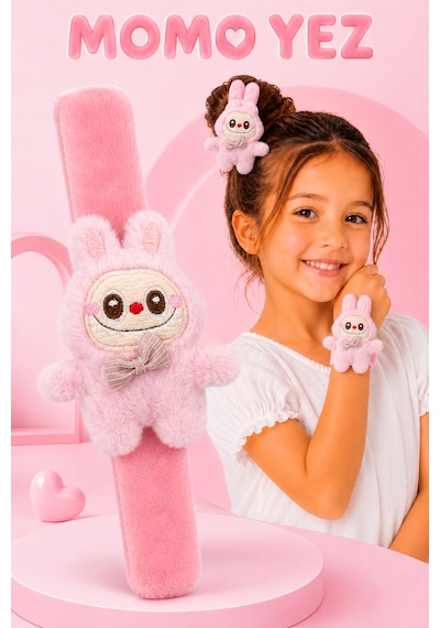 Peluş Bileklik Oyuncak Bileğe Vurunca Sarılan Slap Bileklik, Çok Amaçlı Saç Tokası Pembe