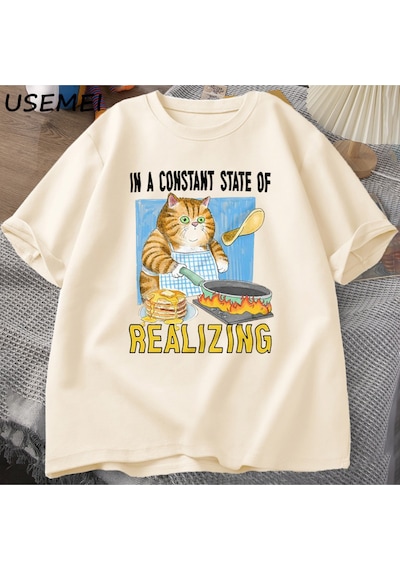 Flood Of Style Kedi Gerçekleştirerek Sabit Bir Devlet T Shirt Erkekler Kadınlar Komik Kedi Pişirme T-shirt K Haki