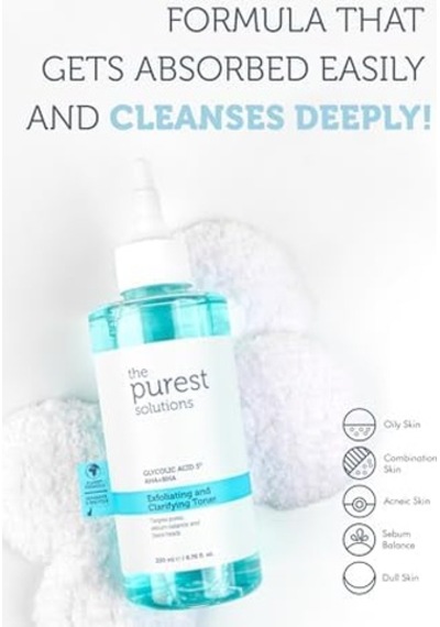 The Purest Solutions, Gözenek Ve Siyah Nokta Görünümünü Azaltmaya Yardımcı Arındırıcı Tonik,%5 Glikolik Asit, Aha, Bha, 200 Ml Açık Beyaz