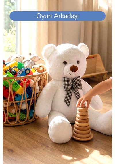 80 Cm Büyük Boy Yumuşak Papyonlu Oyuncak Ayıcık Beyaz