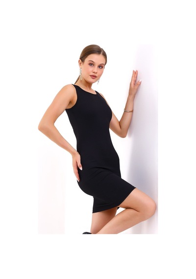 Butik Ayvitrin Kalın Askılı Bacis Fitilli Elbise Siyah