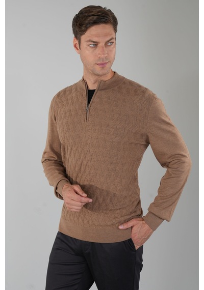 Bisse Camel Yün Yarım Balıkçı Yaka Fermuar Detaylı Jakarlı Triko Tr23k23208 D70