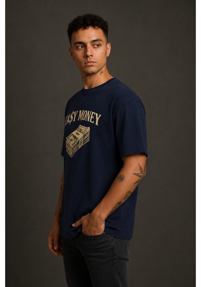 Technomonkey Easy Money Baskılı Unisex Lacivert Retro Tişört