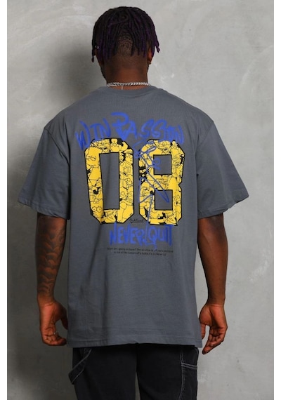 Erkek Baskılı Tişort Kısa Kol Bisiklet Yaka Oversize T-shirt - Füme