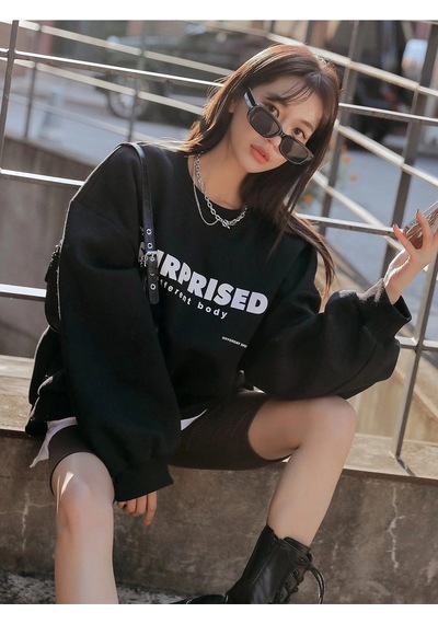 Startmore Siyah Surprised Yazı Baskılı Oversize Bisiklet Yaka Sweatshirt Siyah