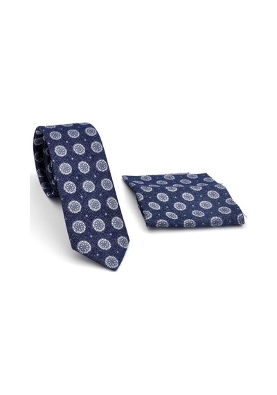 Gaffy Gri Yuvarlak Desenli Lacivert Dokuma Kumaş Mendilli Slim Fit Kravat // Sdk-250205 Lacivert