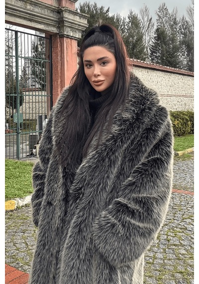 Açelyaokcu Premium Şal Yaka Mob Wife Suni Kürk Maxi Kadın Kaban Antrasit