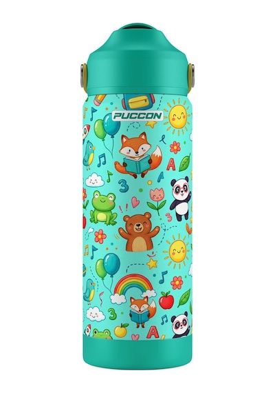 Puccon 540 Ml Sevimli Karakter Baskılı Yeşil Erkek Çocuk Pipetli Çelik Termos Matara/suluk - 60058