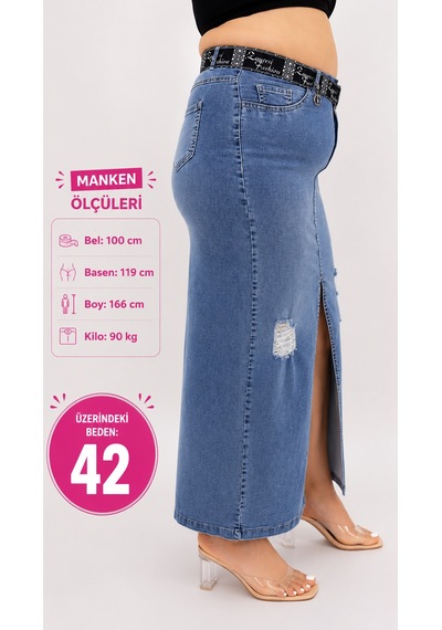 Büyük Beden Denim Kemerli Yırtmaçlı Kalem Etek Mavi