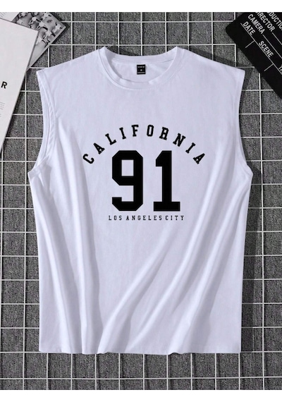 Altamira Erkek Beyaz California 91 Baskılı Kolsuz T-shirt 001