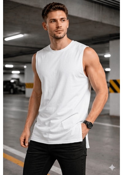 Erkek Kolsuz Regular Fit Basic Atlet Yan Yırtmaçlı Pis Yaka Tişört Beyaz