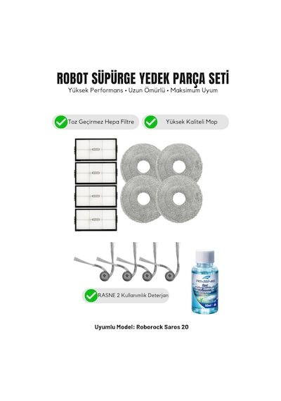 Roborock Saros 20 İle Uyumlu 4 Yan Fırça 4 Filtre 4 Mop 1 Deterjan 2.0