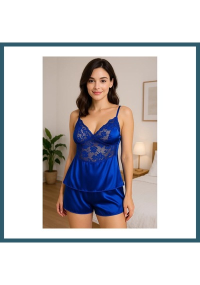 Bezos Dantel Detaylı Saten İkili Pijama Takımı Renk: Mavi Beden: S Ob