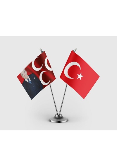 Alparslan Türkeş Ve 3 Hilal Kırmızı Sancak Ve Türk Bayrağı İkili Saten Masa Bayrağı Takımı Diğer