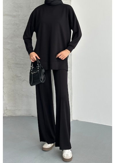 Feela Moda Kadın Modal Penye Oversize Tesettür Tunik Takım 2020 Siyah
