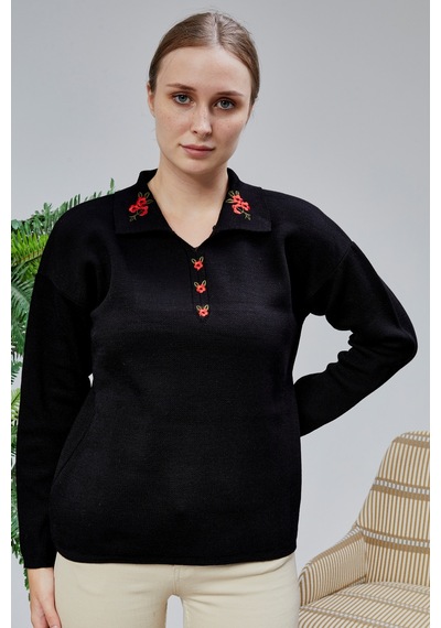 Kadın Polo Yaka Oversize Çiçek Nakışlı Triko Kazak Siyah Siyah