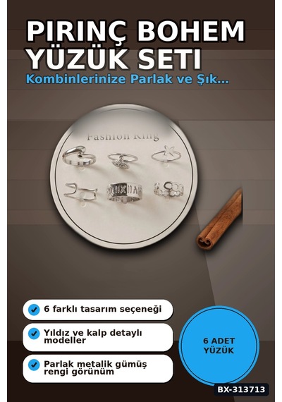 Pirinç Bohem Detaylı 6 Adet Yüzük Seti - Gümüş Rengi, 7-8 Numara, Bijuteri Aksesuar Bx-313713 Çok Renkli