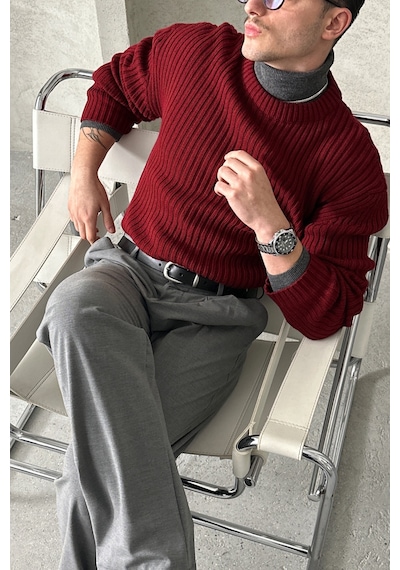 Erkek Fitilli Örme Oversize Kazak Bordo