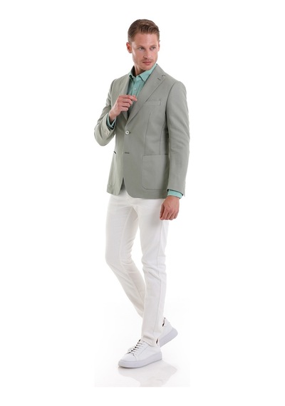 Hatemoğlu A.yeşil Slim Fit Düz Mono Yaka Casual Keten Ceket Yeşil