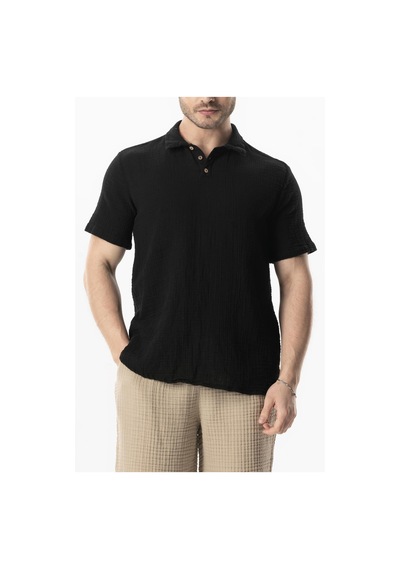 Kısa Kol Polo Yaka Müslin Yazlık Tshirt Siyah Syh Siyah
