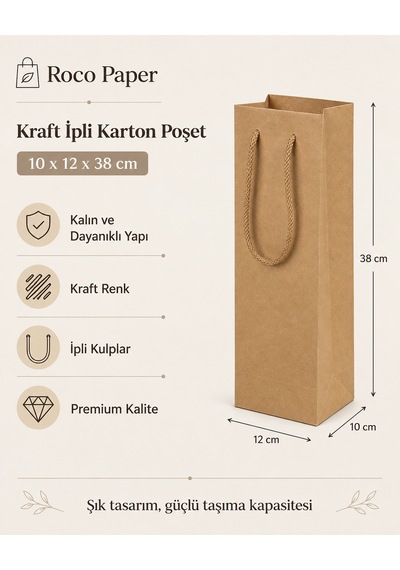 Şişelik İpli Kraft Karton Poşet, 1 Adet-12x10x38 Cm, Kalın Yapılı