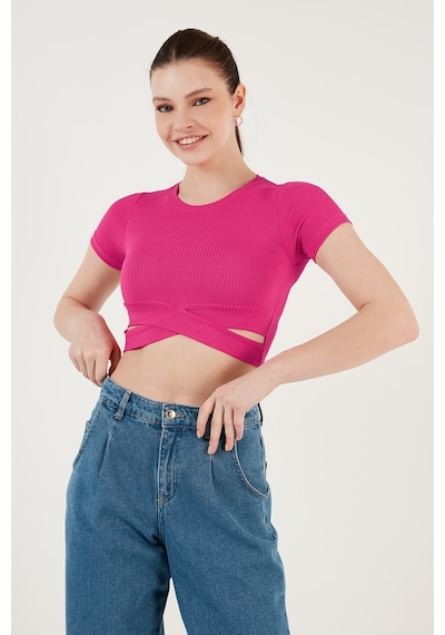 Lela Fitilli Bel Detaylı Kısa Kollu Dar Kesim Crop Bayan Bluz 5864211 Fuşya