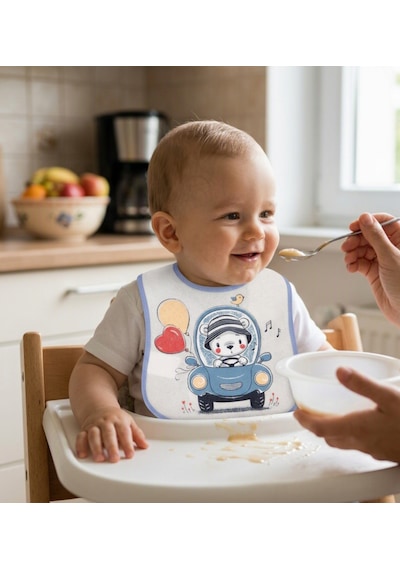 Buude 7506 Yenidoğan 0-3 Ay Araba Baskılı Bebek Mama Önlüğü Mavi