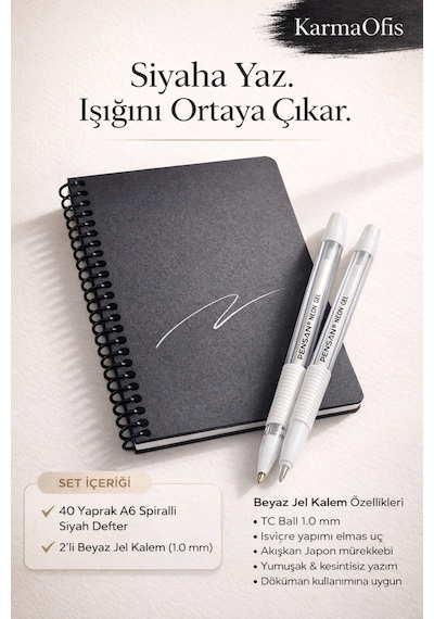 Siyah Sayfalı A6 Defter + 2 Li Beyaz Jel Kalem Seti Premium Yazım Deneyimi Siyah
