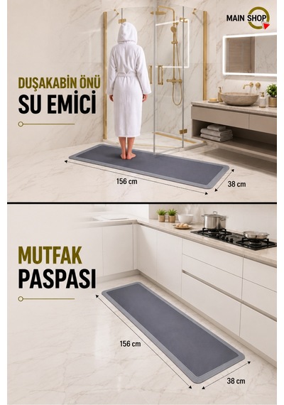Mainshop 2 Adet Sihirli Su Emici Mutfak Paspası Banyo Paspası Kaymaz Tabanlı 156x38 Cm Yazısız M-61 Gri