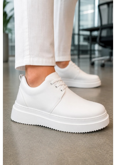 Mevese Ornex Erkek Deri Görünümlü Bağcıklı Casual Sneaker Klasik Günlük Ayakkabı - Beyaz