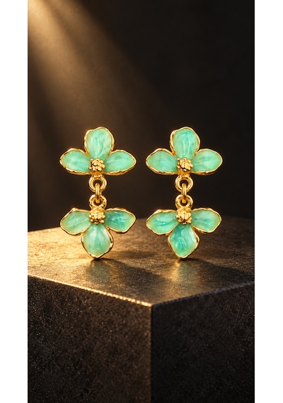Riody Fleur De Menthe Mint Yeşili Çiçek Formlu Sallantılı Gold Renk Kadın Küpe Açık Yeşil