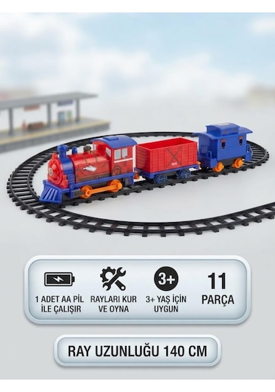 11 Parça Pilli Tren Seti 140 Cm Ray Uzunluğu Kolay Kurulumlu Eğitici Ve Eğlenceli Oyuncak Tren
