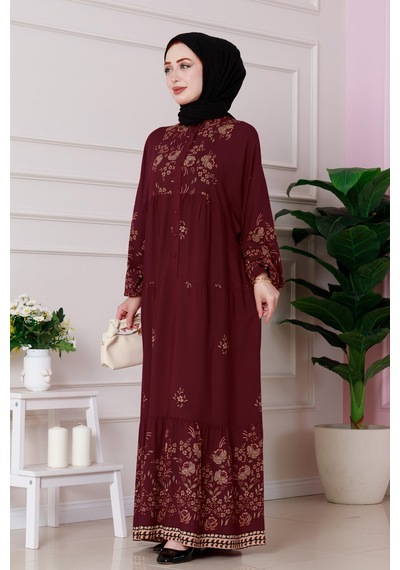 Sevitli Yarım Düğmeli Robalı Nilay Elbise-bordo-4876 Bordo