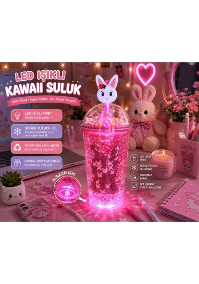 Çift Katlı İçecek Bardağı Led Işıklı Pipetli Kawaii Chibi Sevimli Tavşan Figürlü Suluk 450ml Kırmızı