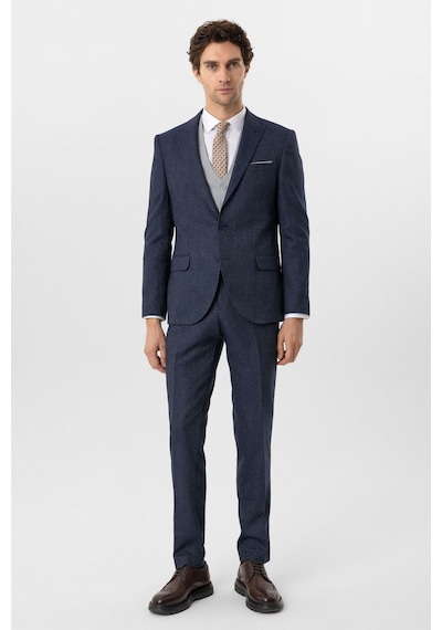 Süvari Lacivert Slim Fit Desenli Sivri Yaka 6 Drop Yelekli Klasik Takım Elbise