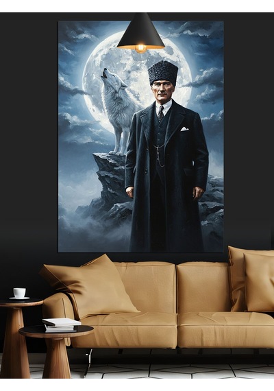 Ay Işığında Atatürk Ve Uluyan Bozkurt Dekoratif Kanvas - Mdf Ahşap Tablo