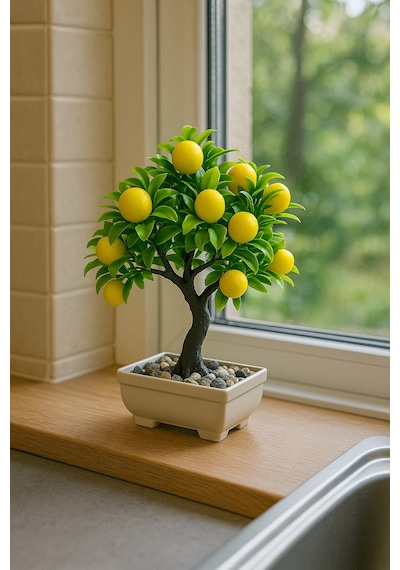 Dekoratif Limon Ağacı 23 Limonlu, Saksılı Ve Taşlı Plastik Bons