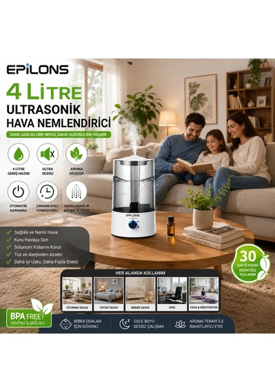 Rbh-04 Ultrasonik Hava Nemlendirici 4 Litre Buhar Makinesi Aroma Difüzörü - Otomatik Kapanma